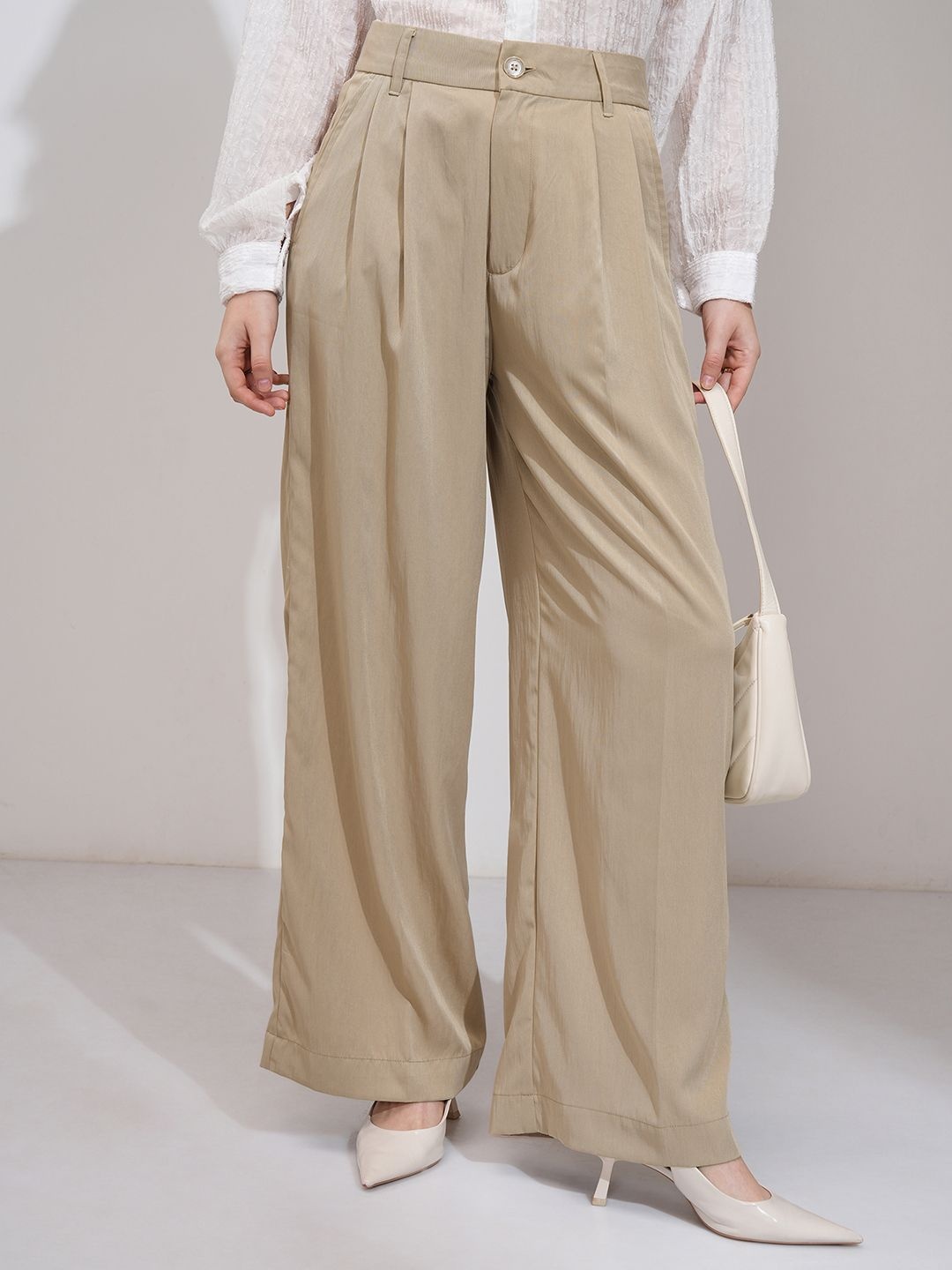 

CHIC BY TOKYO TALKIES Women Formal Pleated Wideleg Trouser, Beige