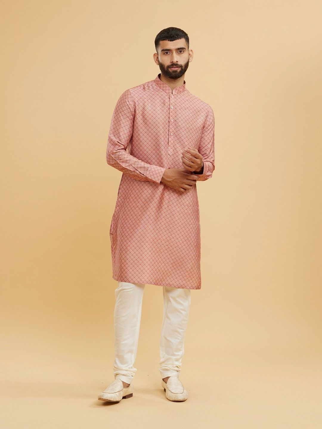 

Twamev Geometric Printed Mandarin Collar Straight Kurta With Churidar & Nehru Jacket, Pink