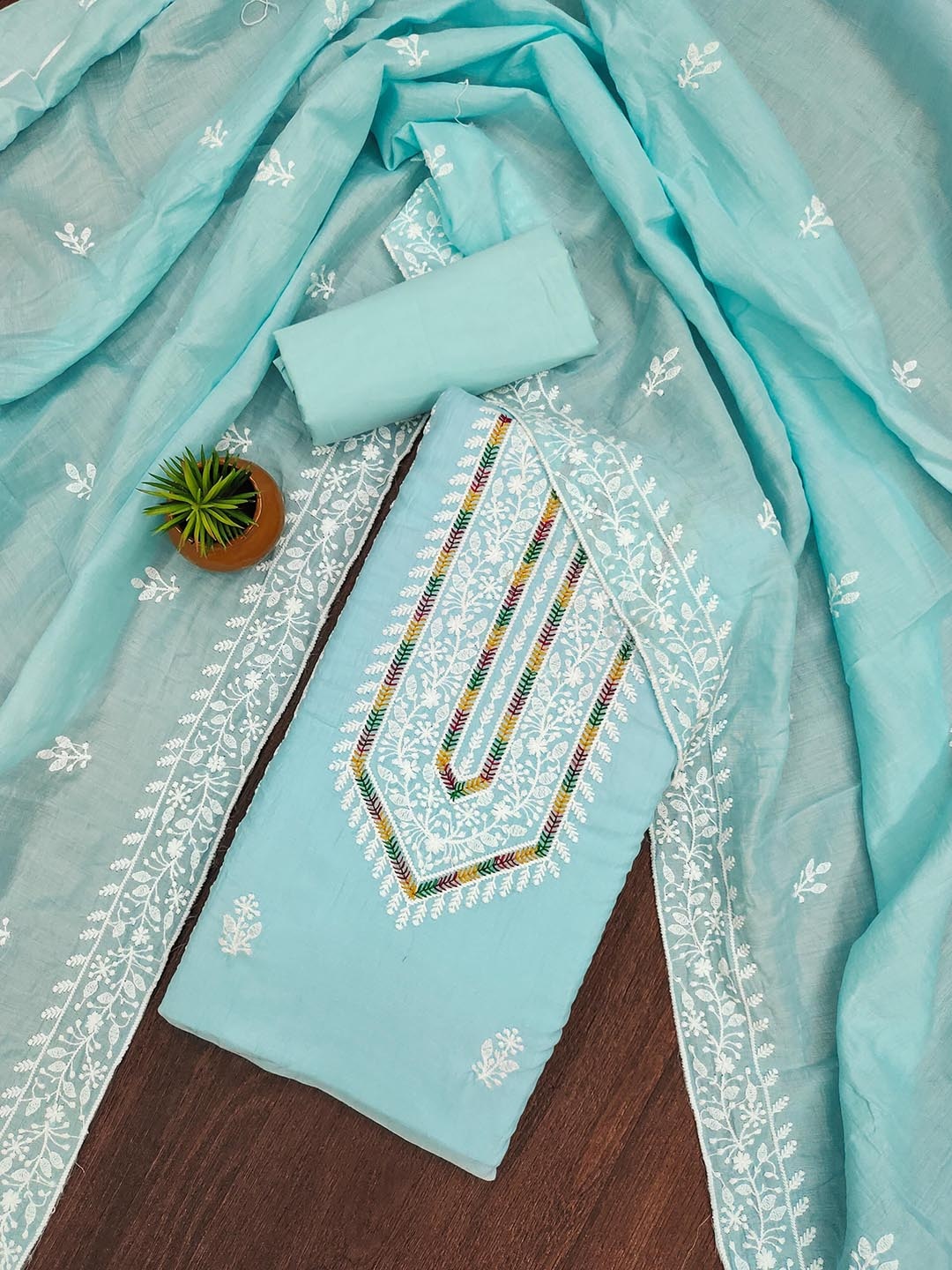

KALINI Floral Embroidered Unstitched Dress Material, Blue