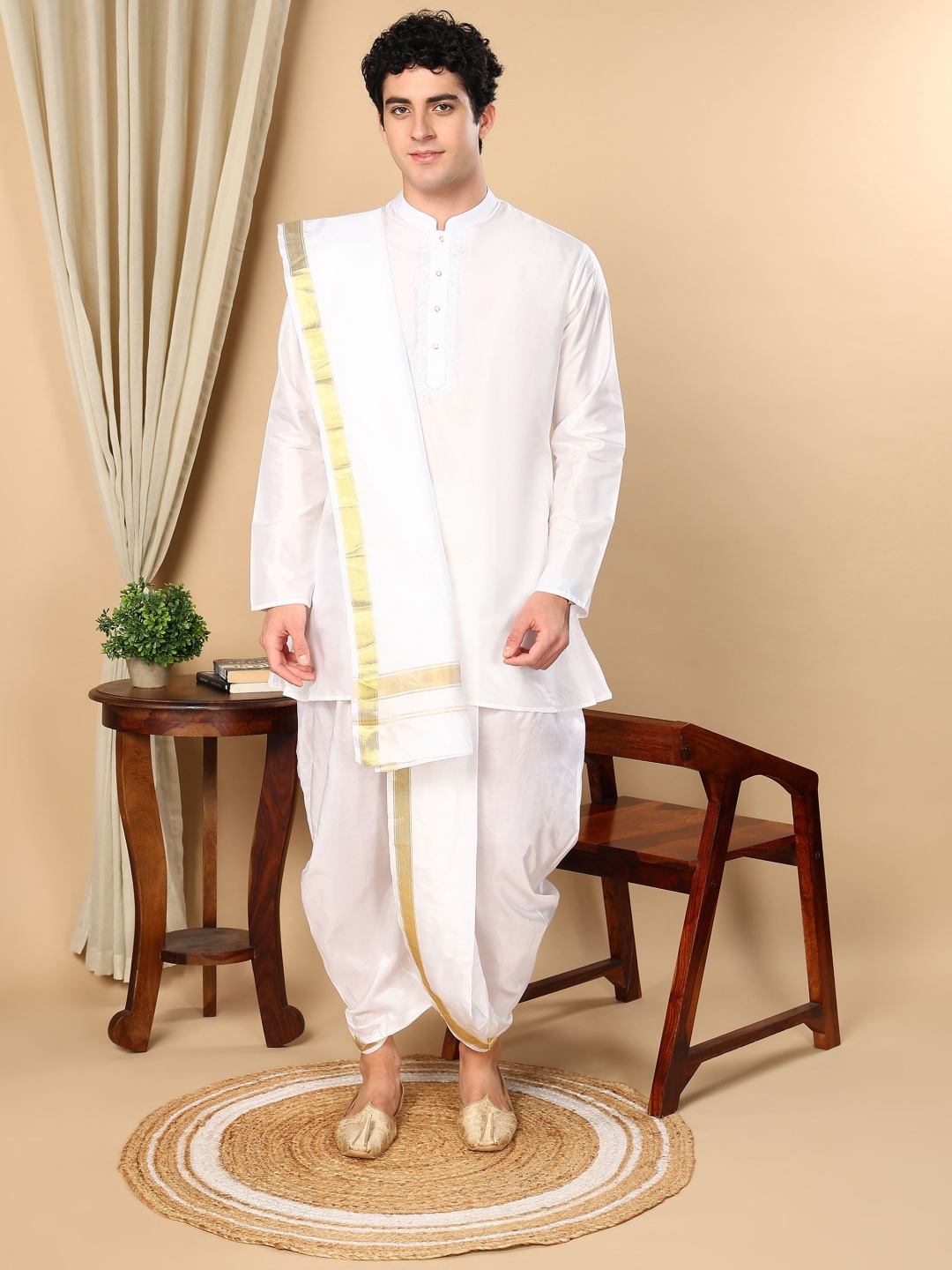 

TATTVA Thread Work Mandarin Collar Pure Silk Straight Kurta With Dhoti Pant And Dupatta, White