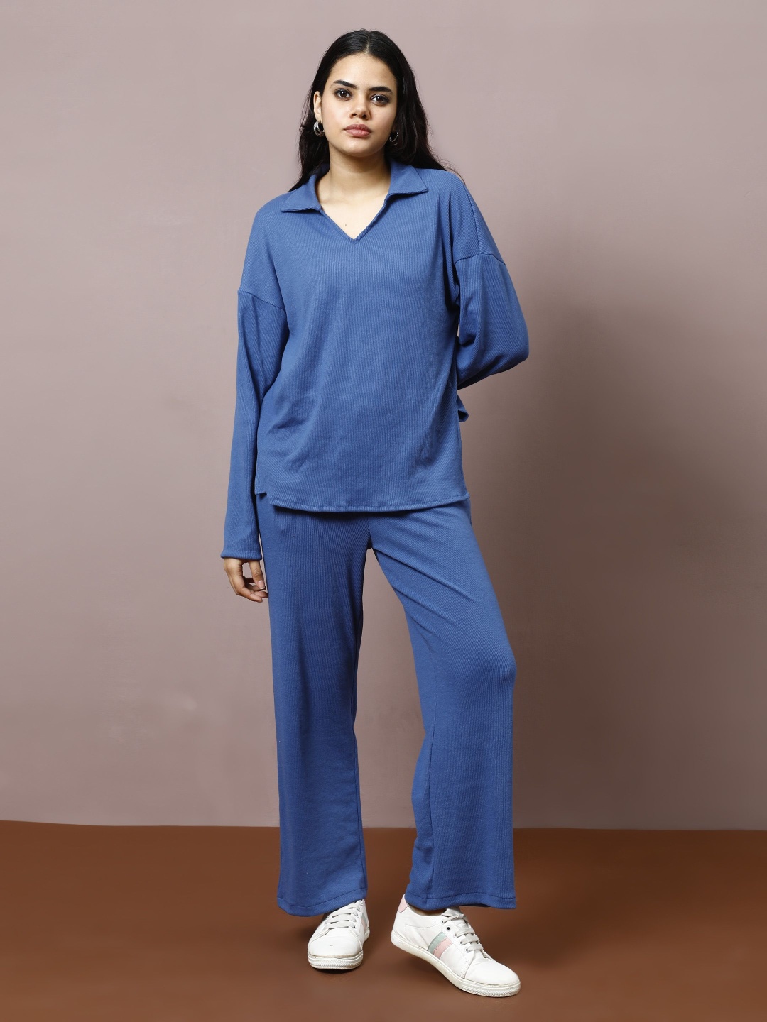 

Athena Self Design Shirt Collar Long Sleeves T-Shirt With Trouser, Blue