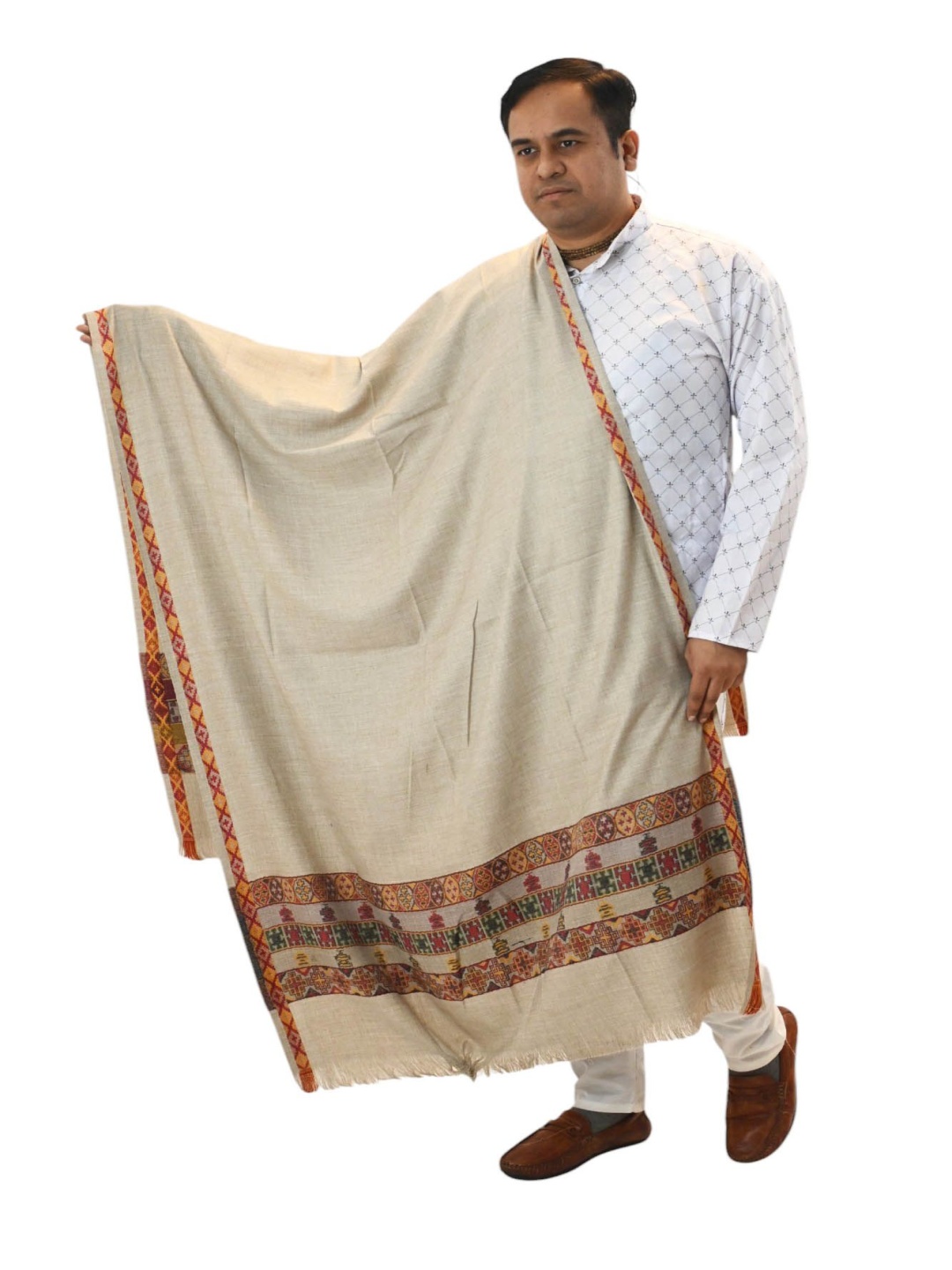 

Vrinde Ethnic Motifs Printed Woollen Shawl, Beige