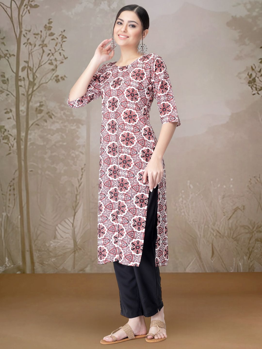 

7Threads Ethnic Motifs Printed Round Neck Straight Kurta With Trousers, Red