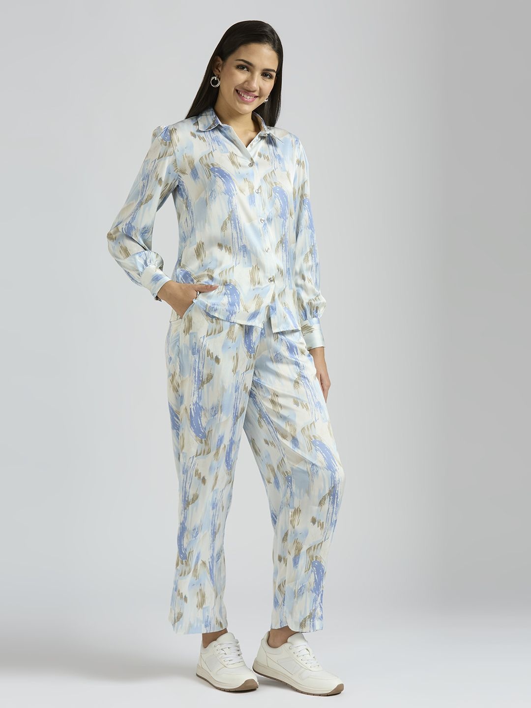 

ESTERIA Printed Shirt Collar Long Sleeves Shirt With Trouser, White