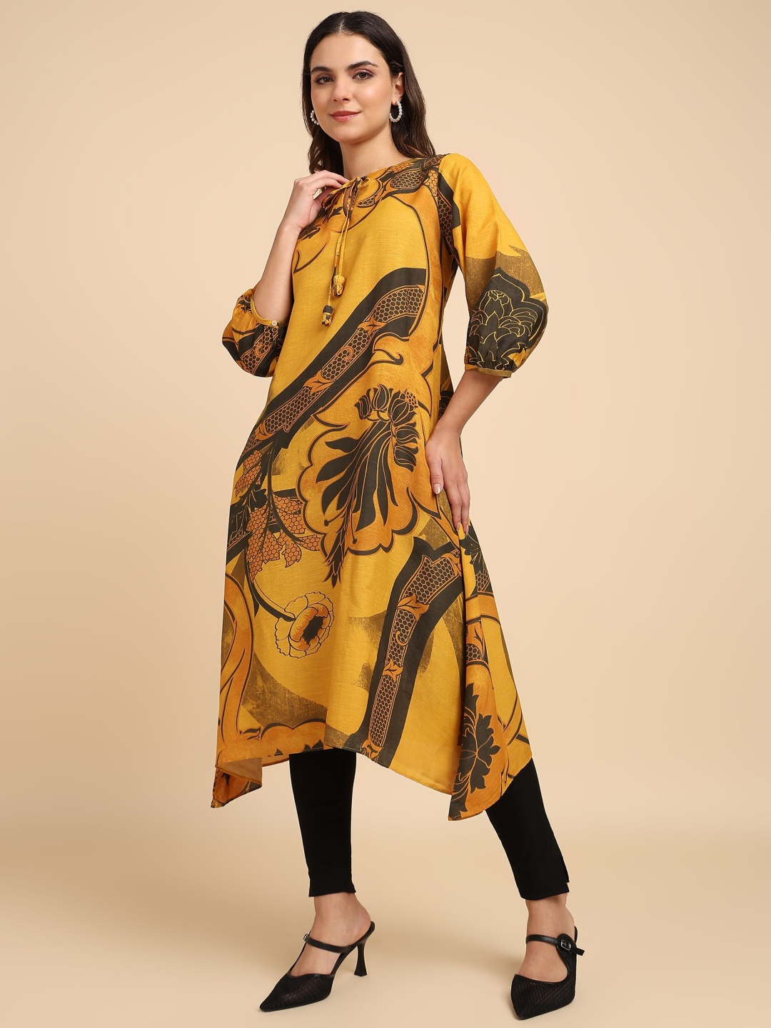 

HERE&NOW Floral Printed Tie-Up Neck Linen A-Line Kurta, Yellow