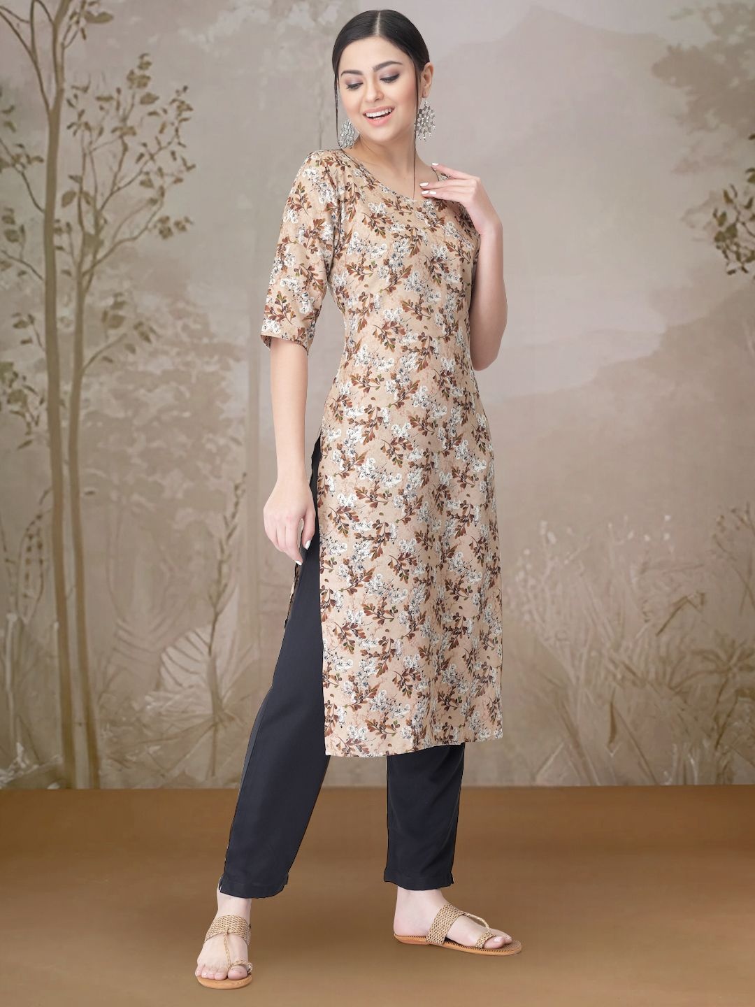 

7Threads Floral Printed Round Neck Straight Kurta With Trouser, Beige