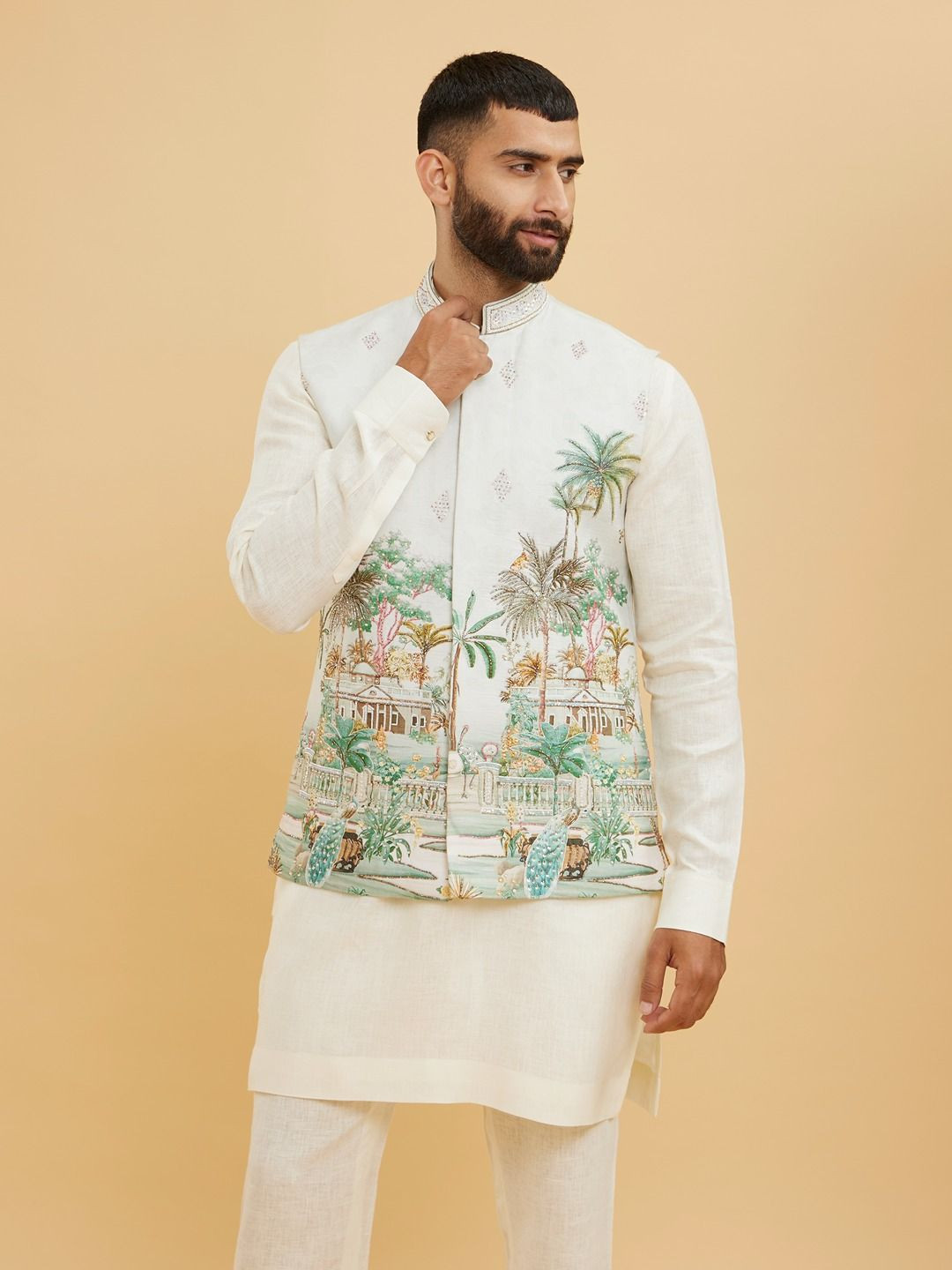 

Twamev Thread WorkFloral Printed Mandarine Collar Kurta with Trousers And Jacket, White