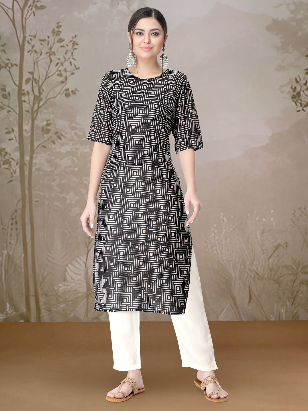 

7Threads Geometric Printed Round Neck Straight Kurta With Trousers, Black