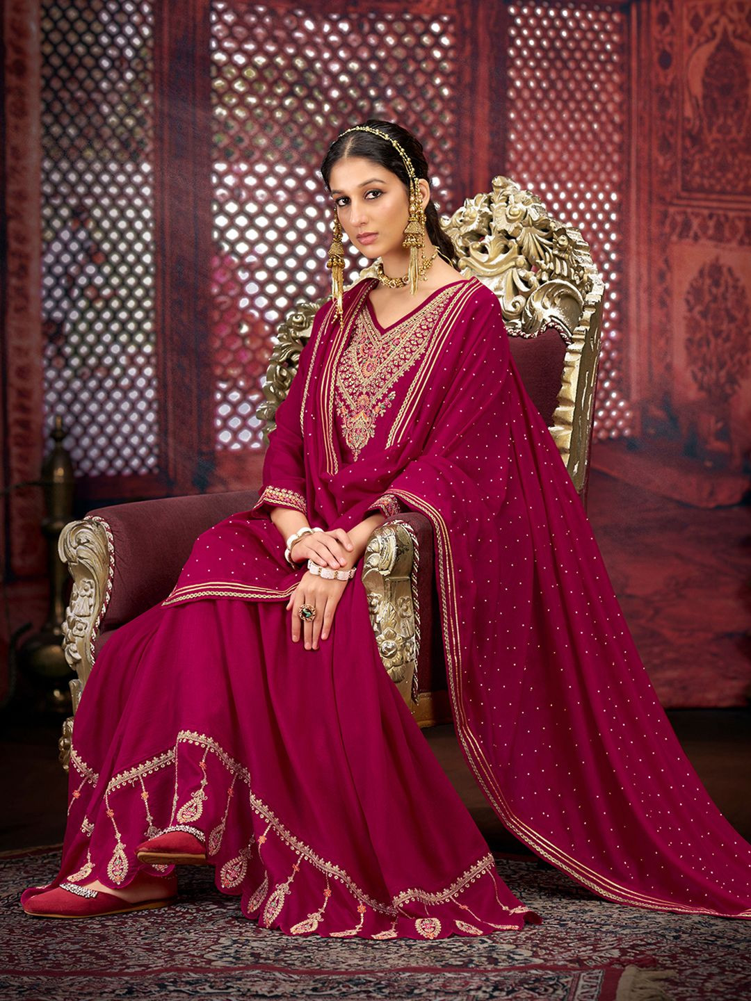 

Kvsfab Floral Zari Embroidered V-Neck Anarkali Kurta With Trousers And Dupatta, Pink