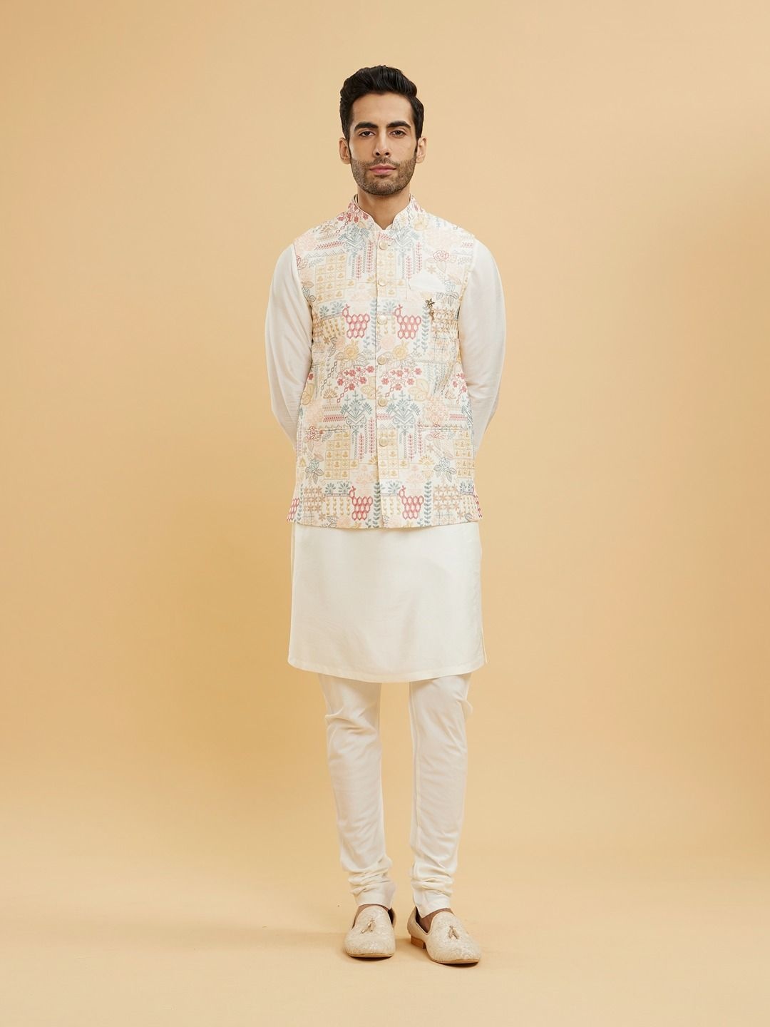 

Twamev Men Regular Thread Work Kurta with Trousers And Jacket, Cream