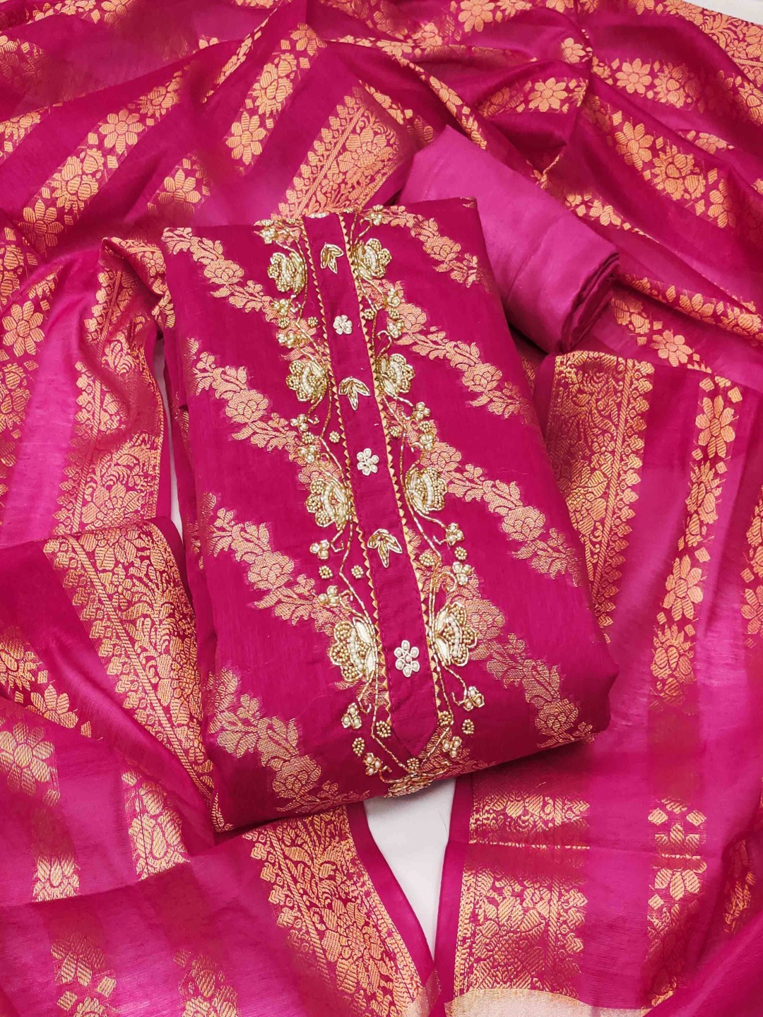 

KALINI Floral Woven Design Beads Work Unstitched Dress Material, Magenta