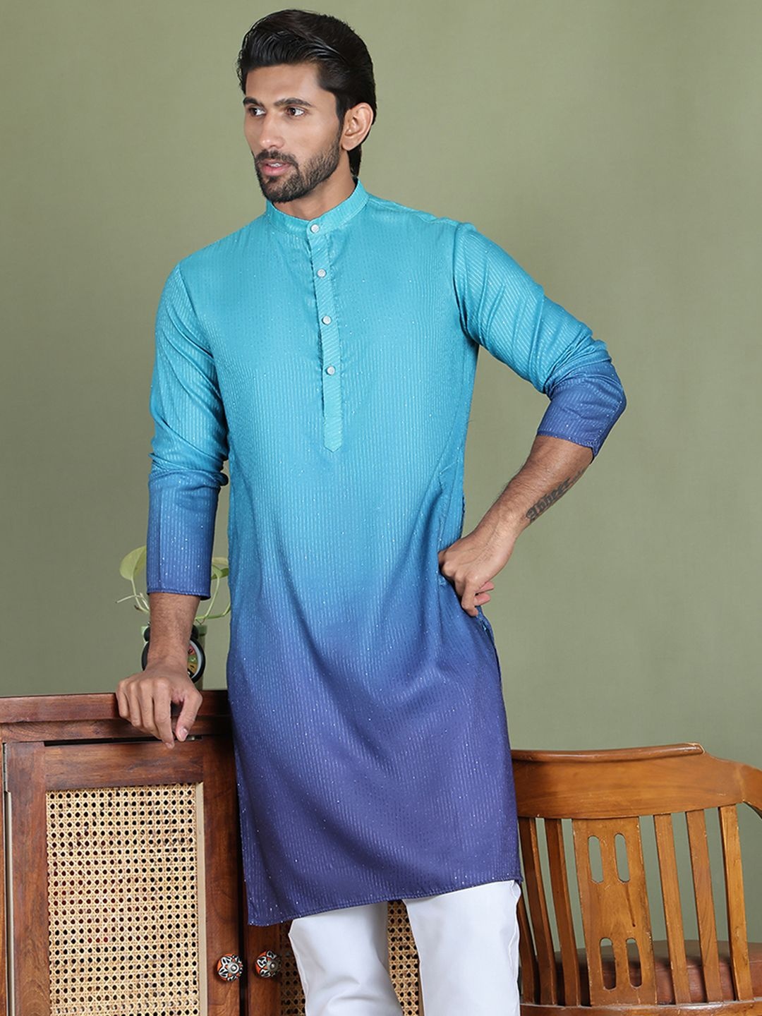 

Jompers Striped Sequenned Ombre Band Collar Straight Kurta, Blue