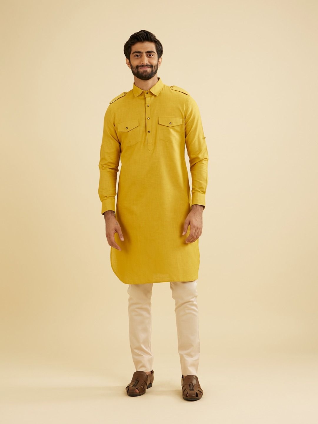 

Manyavar Men Thread Work Pathani Kurta, Yellow