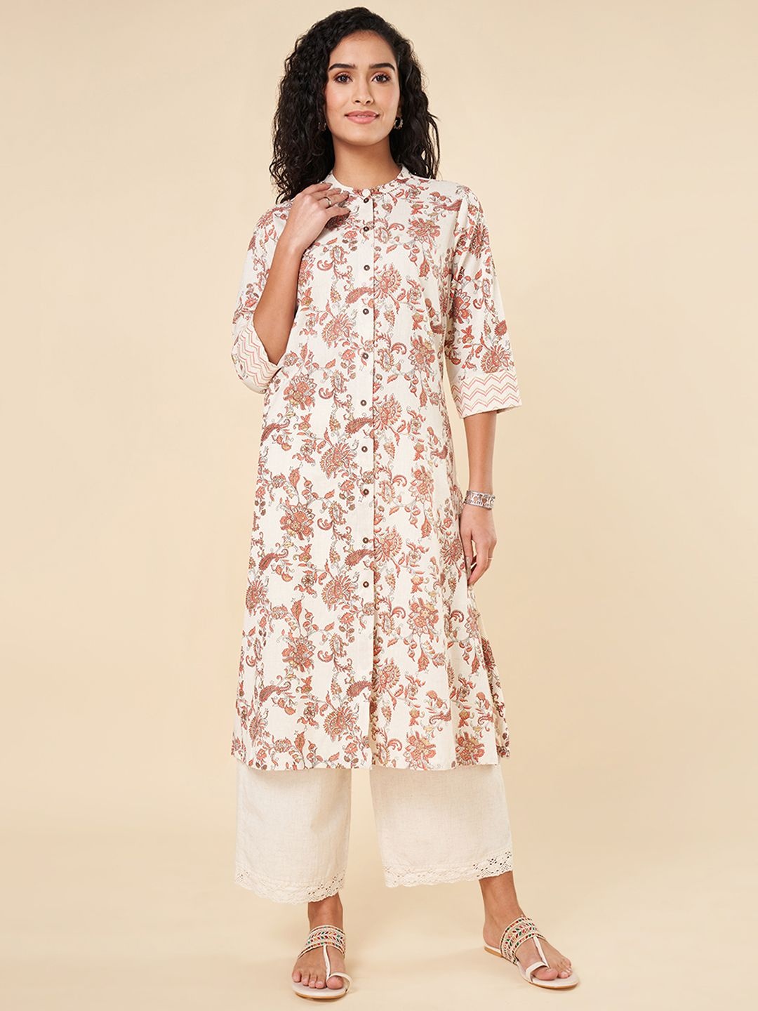 

RANGMANCH BY PANTALOONS Ethnic Motifs Printed Kurta, Cream