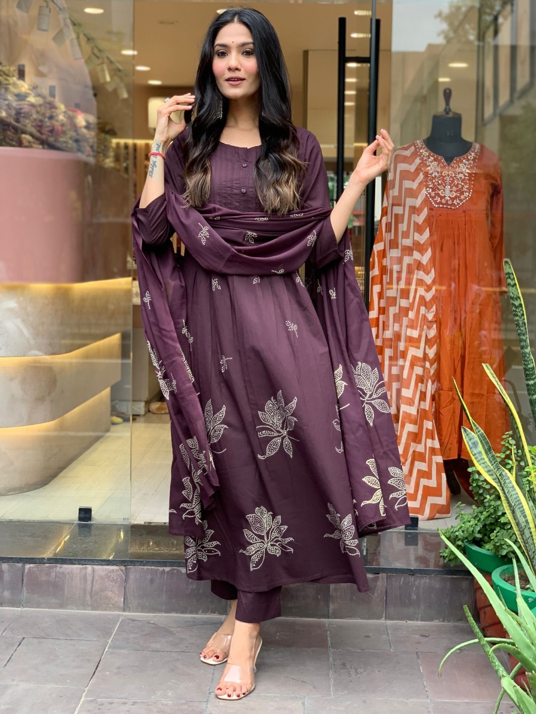 

GoSriKi Gangori Floral Printed Pleated A-Line Kurta With Trouser And Dupatta, Purple