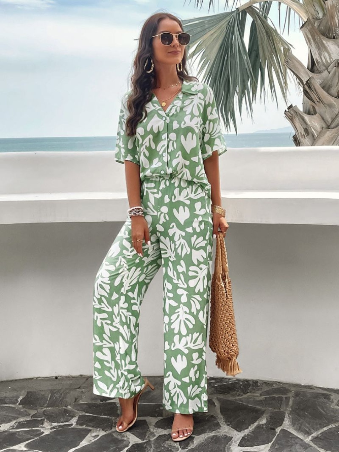 

StyleCast Printed Shirt Collar Shirt With Palazzos, Green