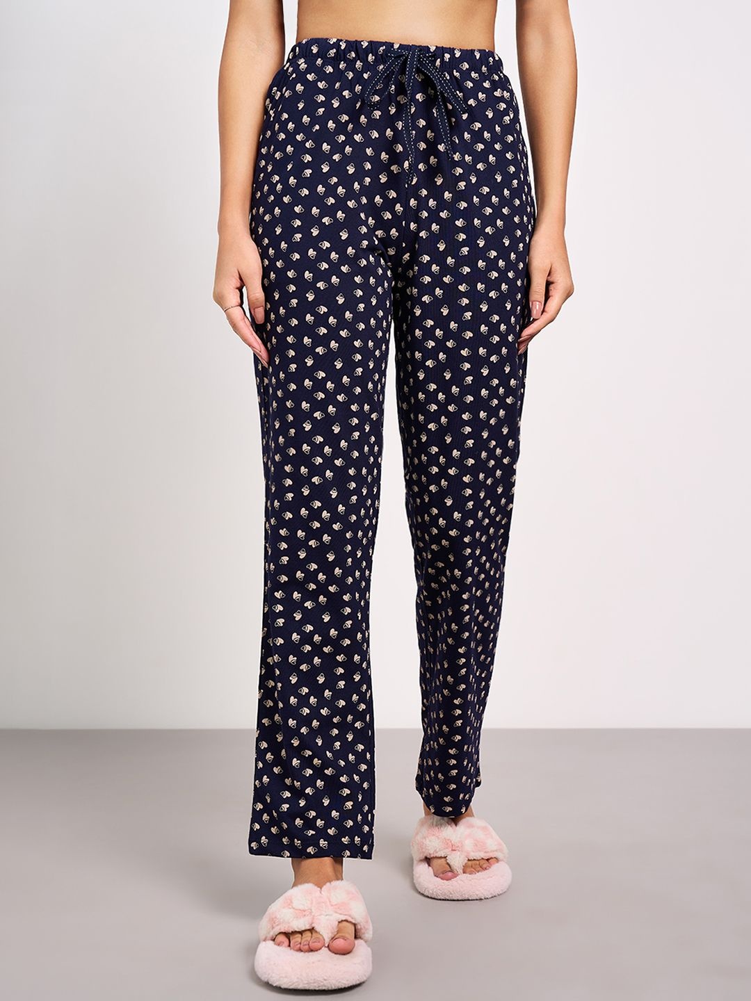 

Dreamz by Pantaloons Women Printed Pure Cotton Straight Lounge Pants, Navy blue