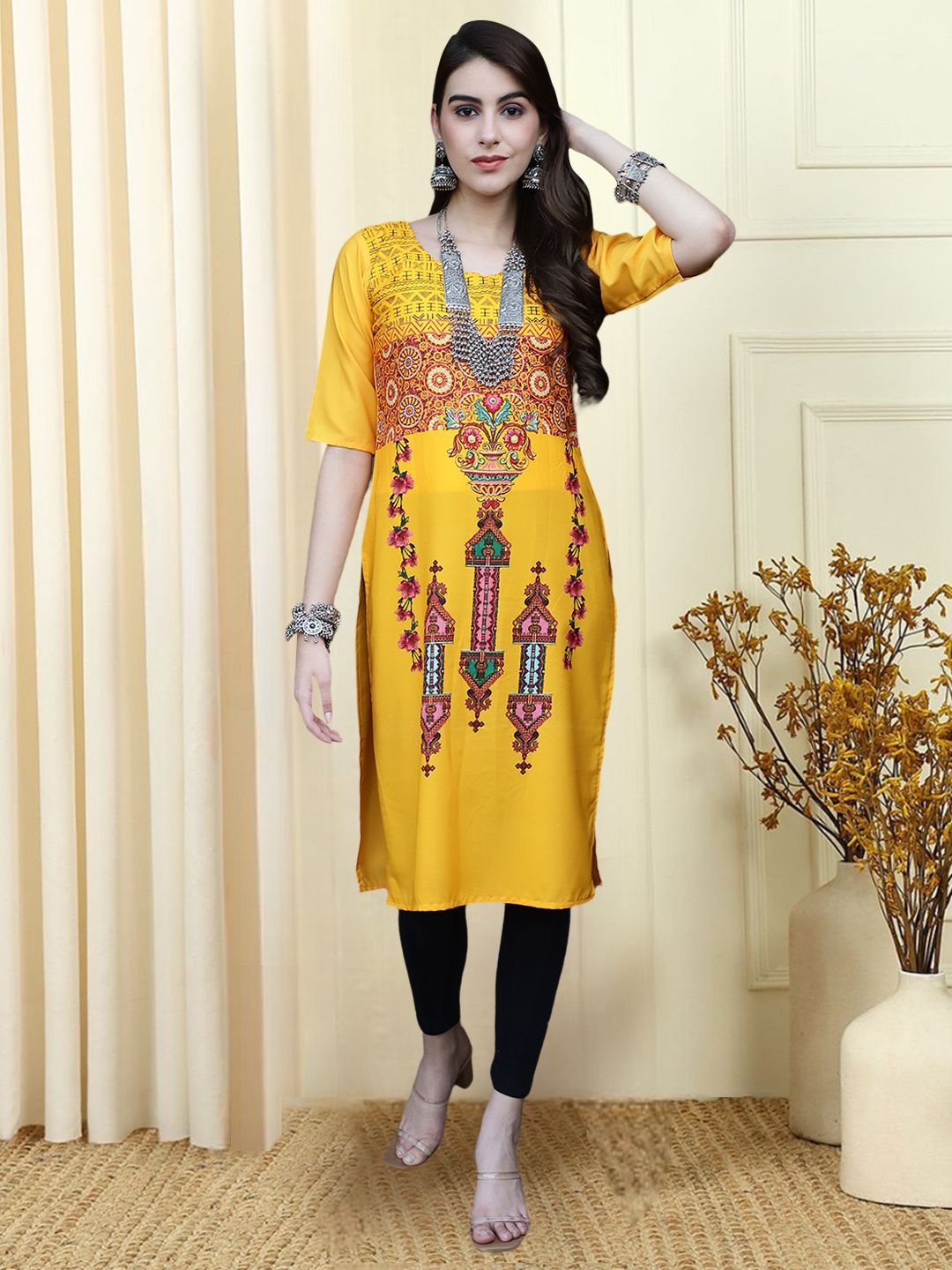 

7Threads Ethnic Motifs Printed Round Neck Kurta, Yellow