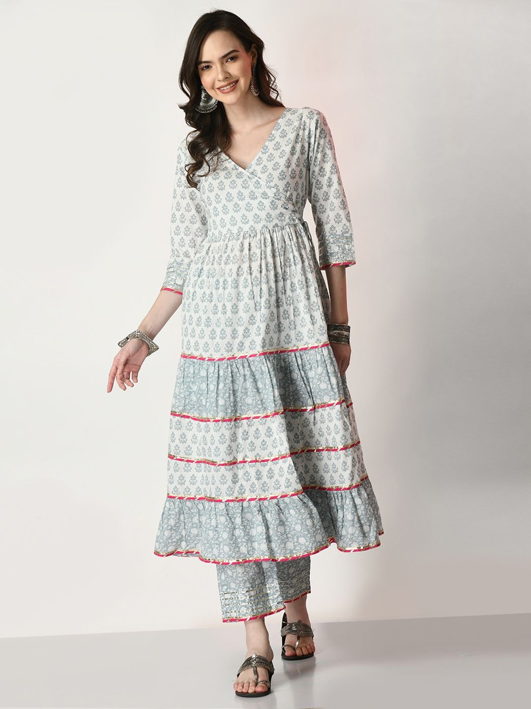 

SHOOLIN Ethnic Motifs Printed V-Neck Tiered Pure Cotton Angrakha Kurta With Trousers, Grey