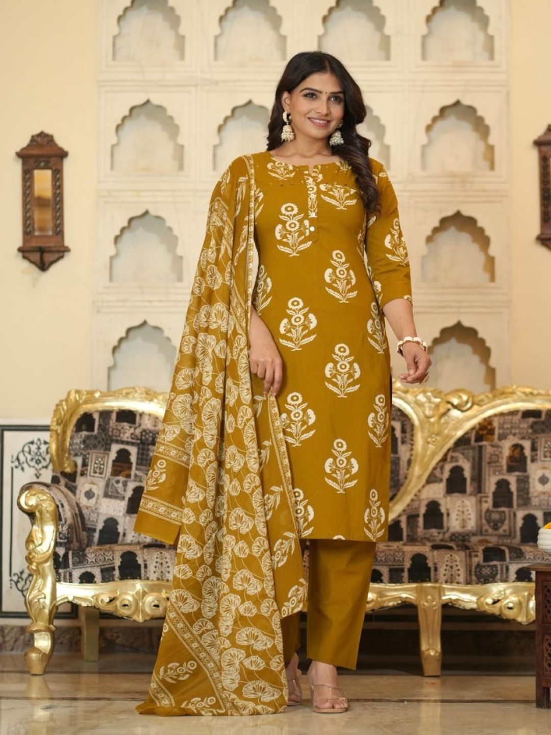 

KALINI Floral Printed Straight Kurta With Trousers And Dupatta, Mustard
