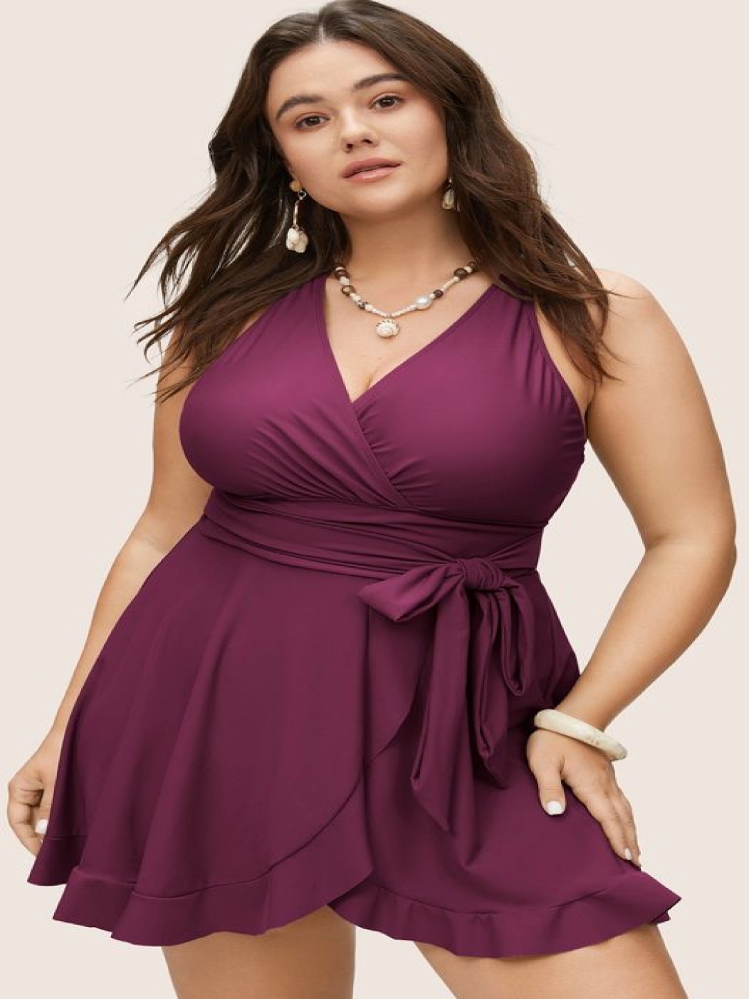 

Plus Curvves Plus Size Tie Wrap Flutters Swim Dress, Violet