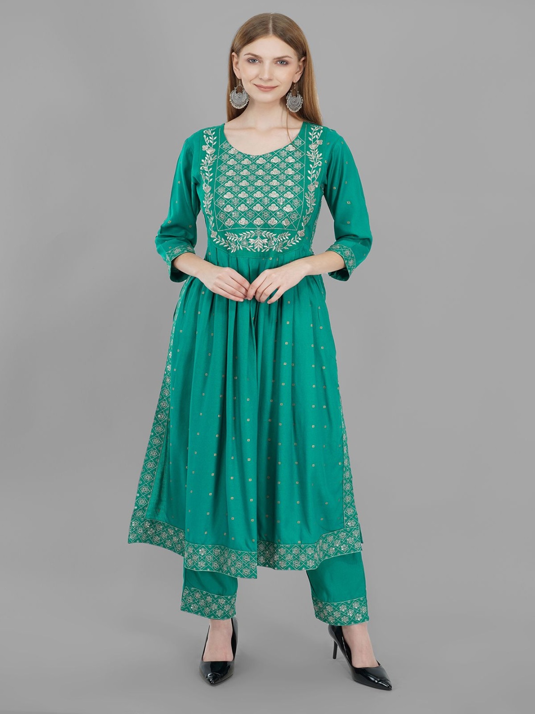 

inkara Floral Embroidered Pleated Pure Cotton A-Line Kurta With Trousers And Dupatta, Green