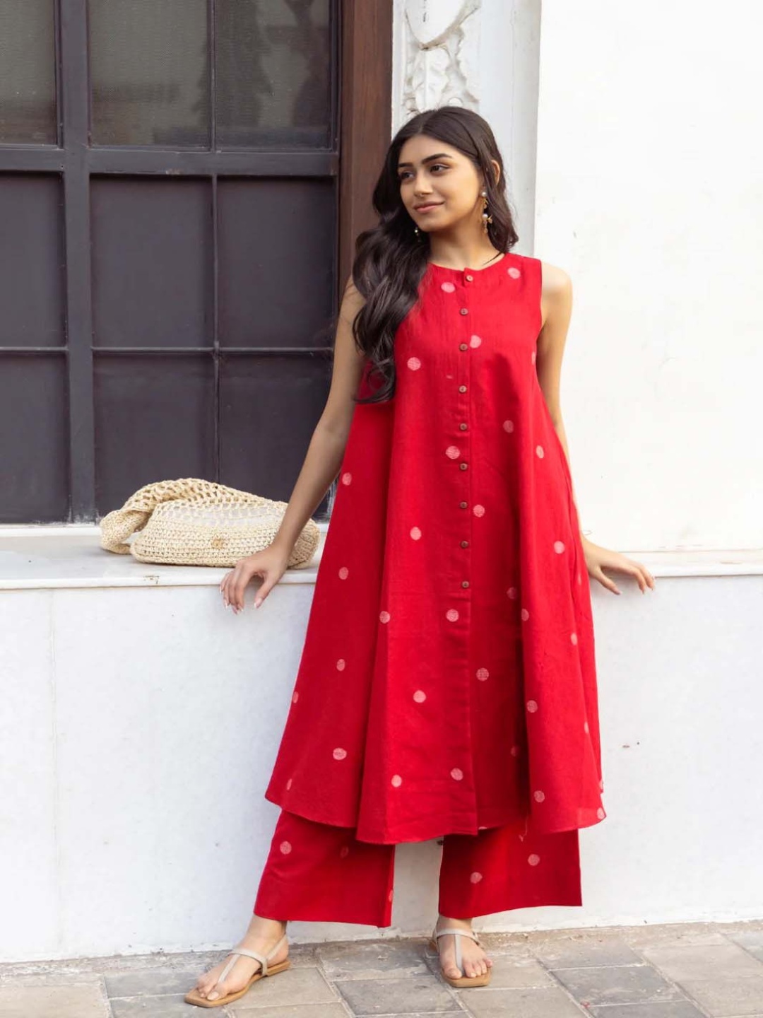 

KALINI Geometric Printed A-Line Kurta With Palazzos, Red