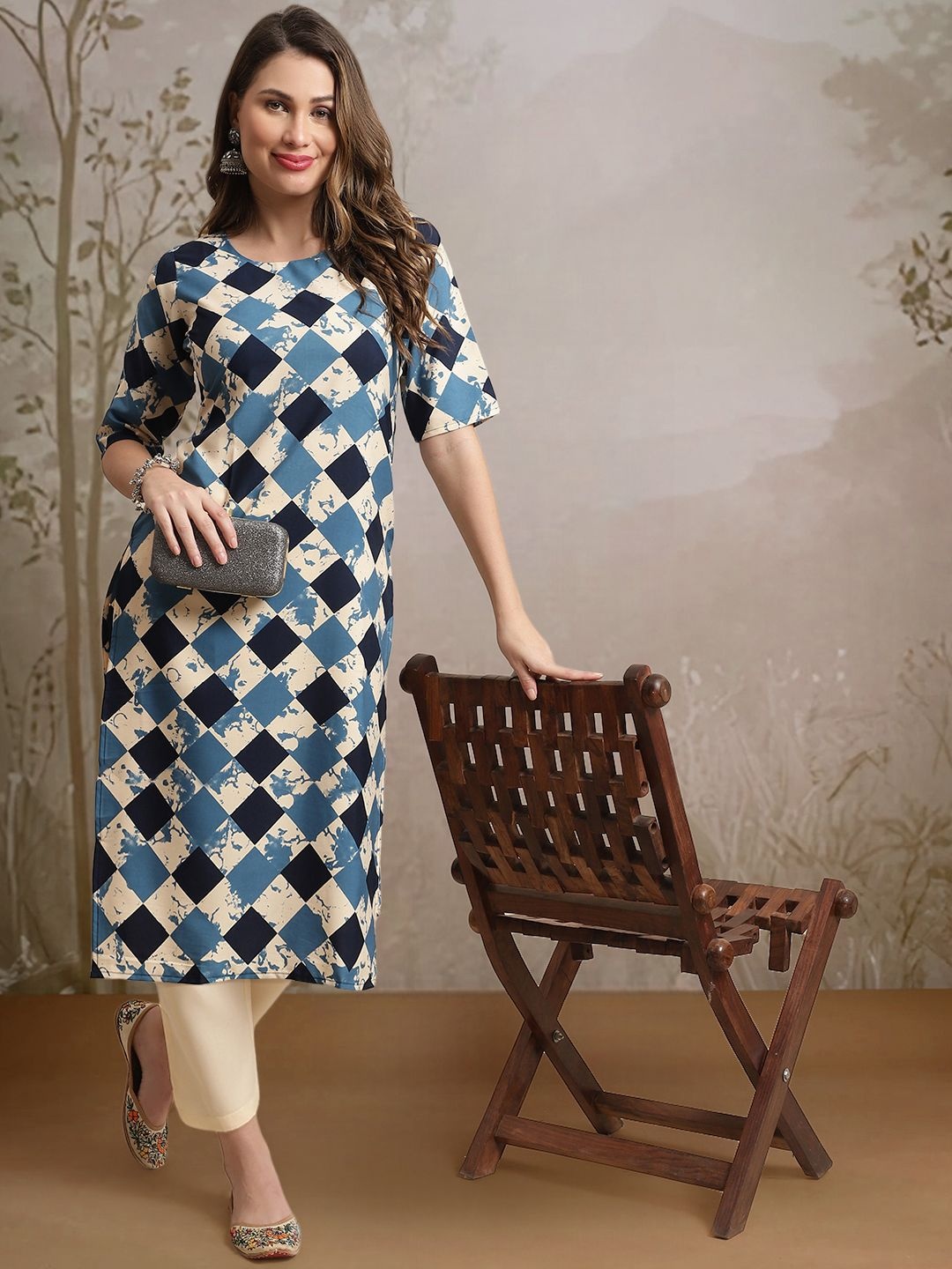 

7Threads Geometric Printed Round Neck Straight Kurta with Trouser, Beige
