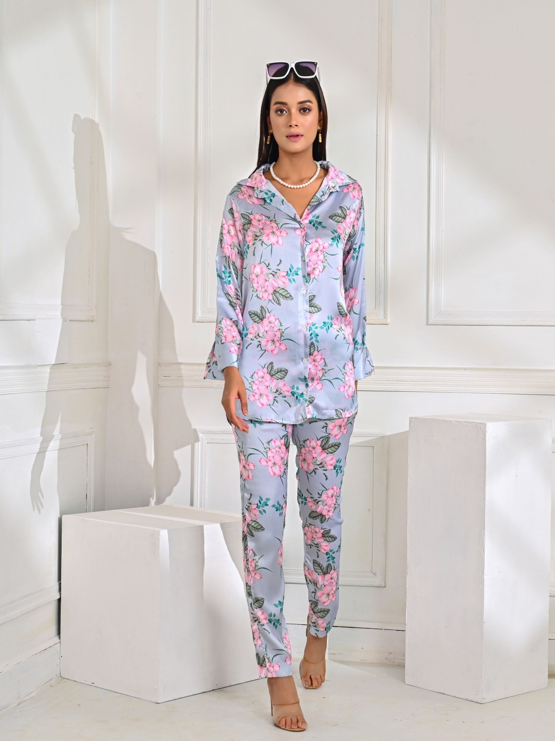 

Unityshop Printed Shirt Collar Long Sleeves Shirt With Trouser, Blue