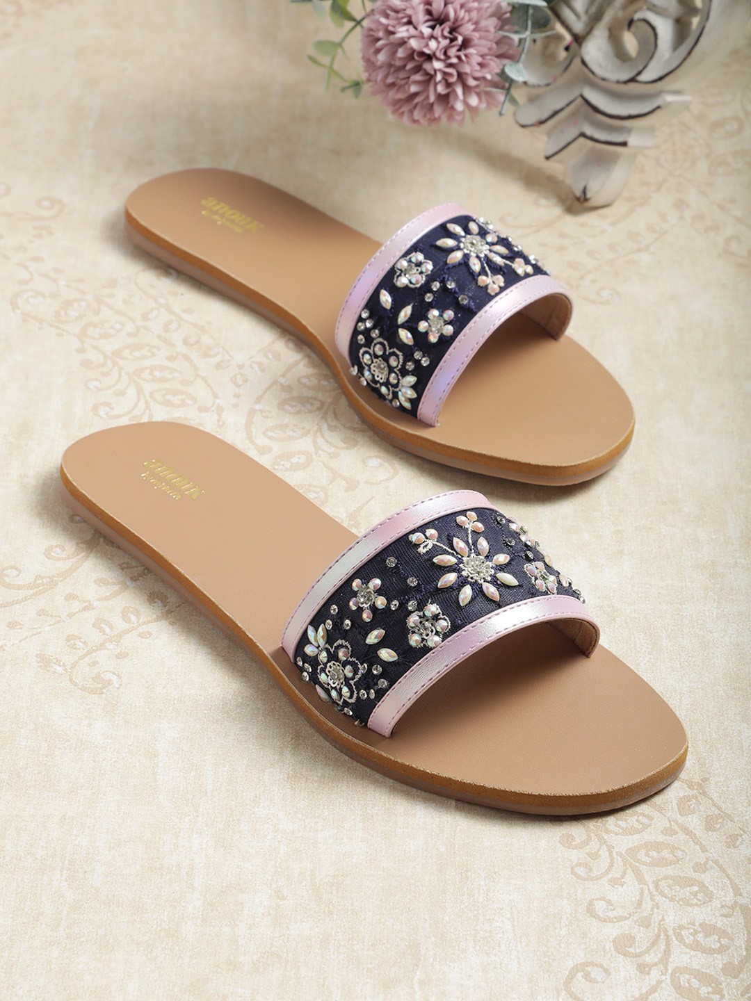 

Anouk Women Embellished Open Toe Flats, Navy blue