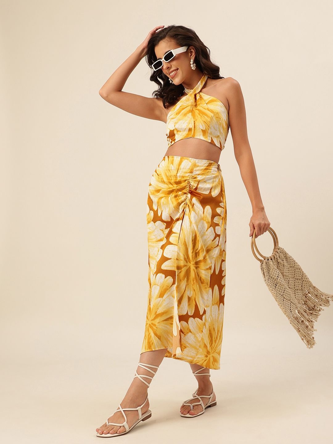 

CUKOO Printed Halter Neck Top With Skirt, Gold