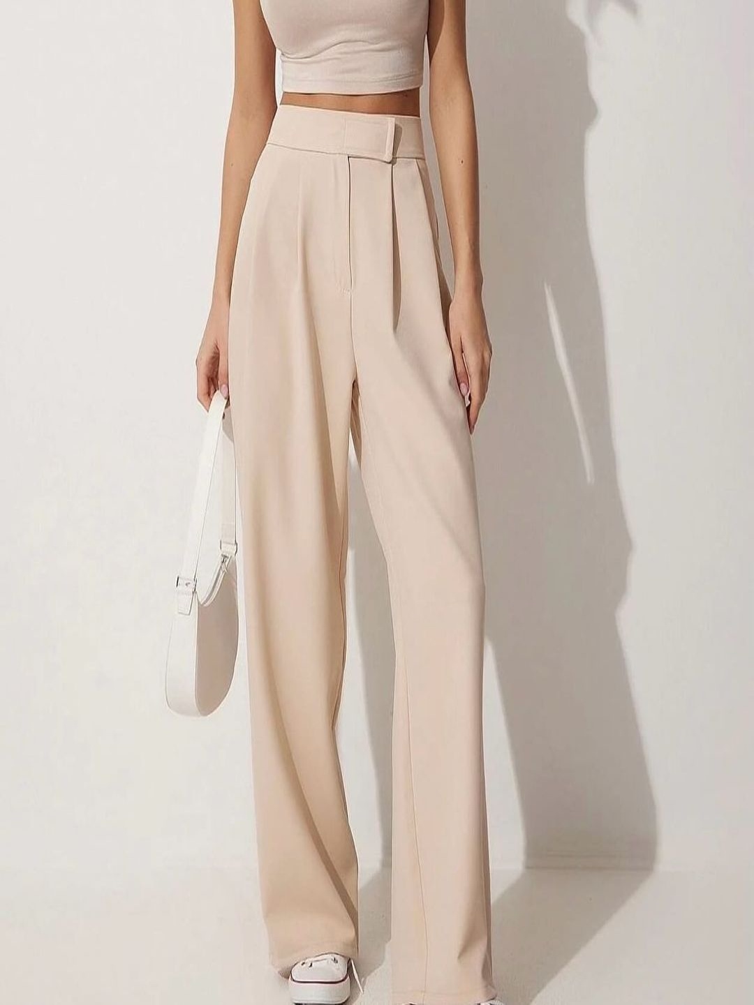 

HIGH BUY Women Relaxed Loose Fit High-Rise Pleated Wide Leg Trousers, Beige