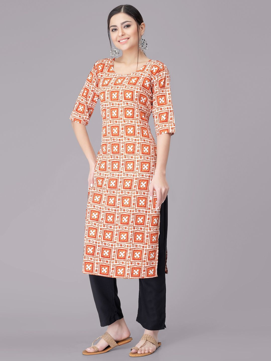 

7Threads Geometric Printed Round Neck Straight Kurta With Trousers, White