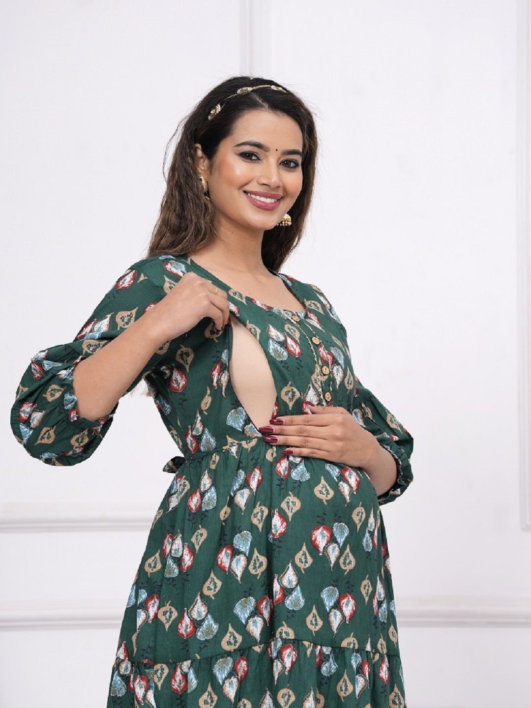 

Nevisha Style Floral Printed Tiered Maternity Pure Cotton Anarkali Kurtas, Green
