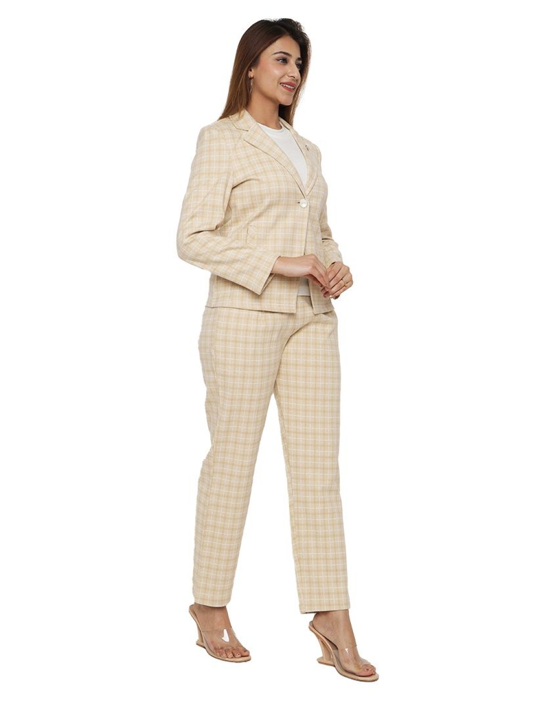 

TWENTY ME Checked Lapel Collar Long Sleeves Blazer & Trouser, Beige