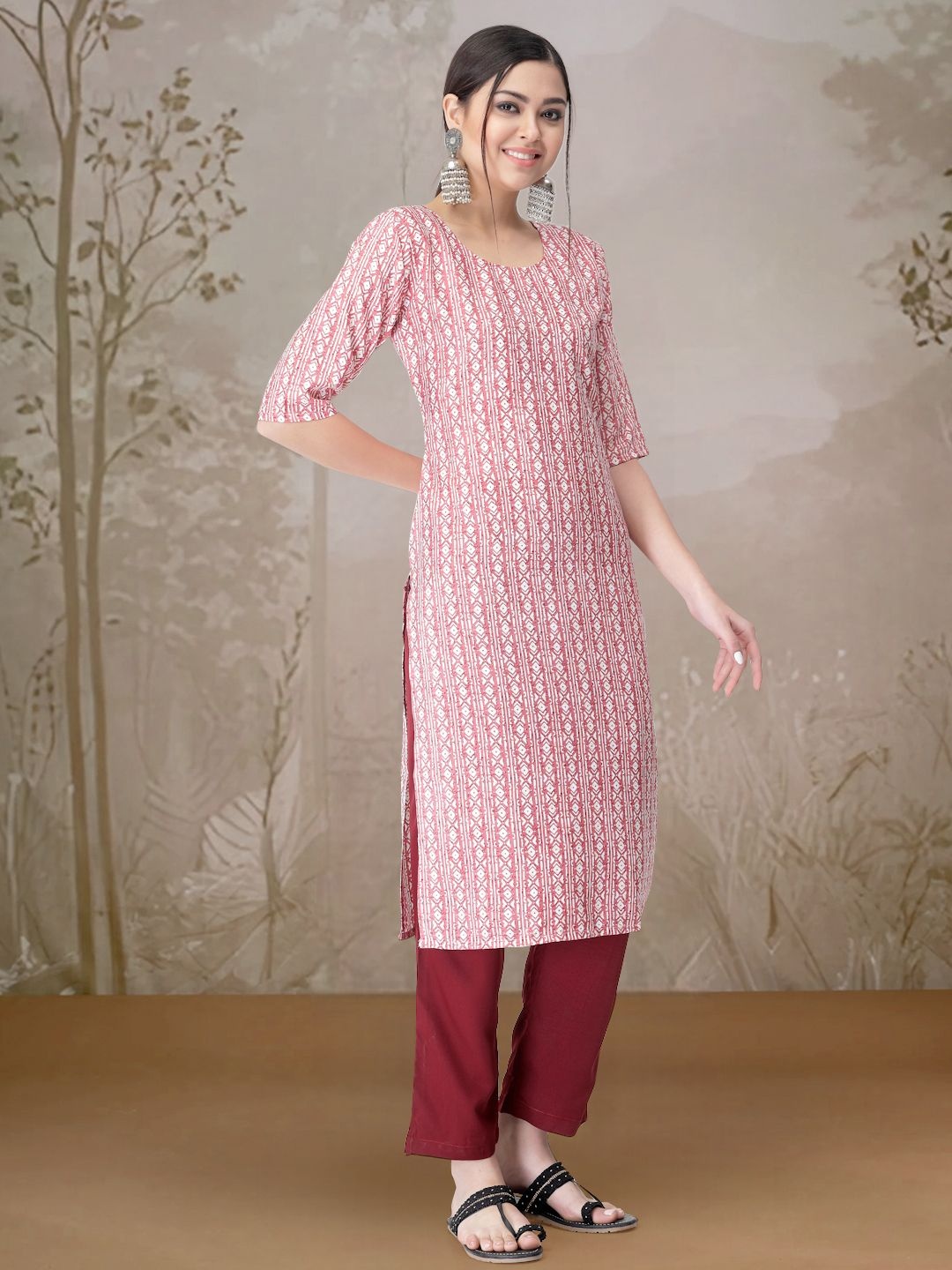 

7Threads Geometric Printed Round Neck Straight Kurta With Trouser, Peach