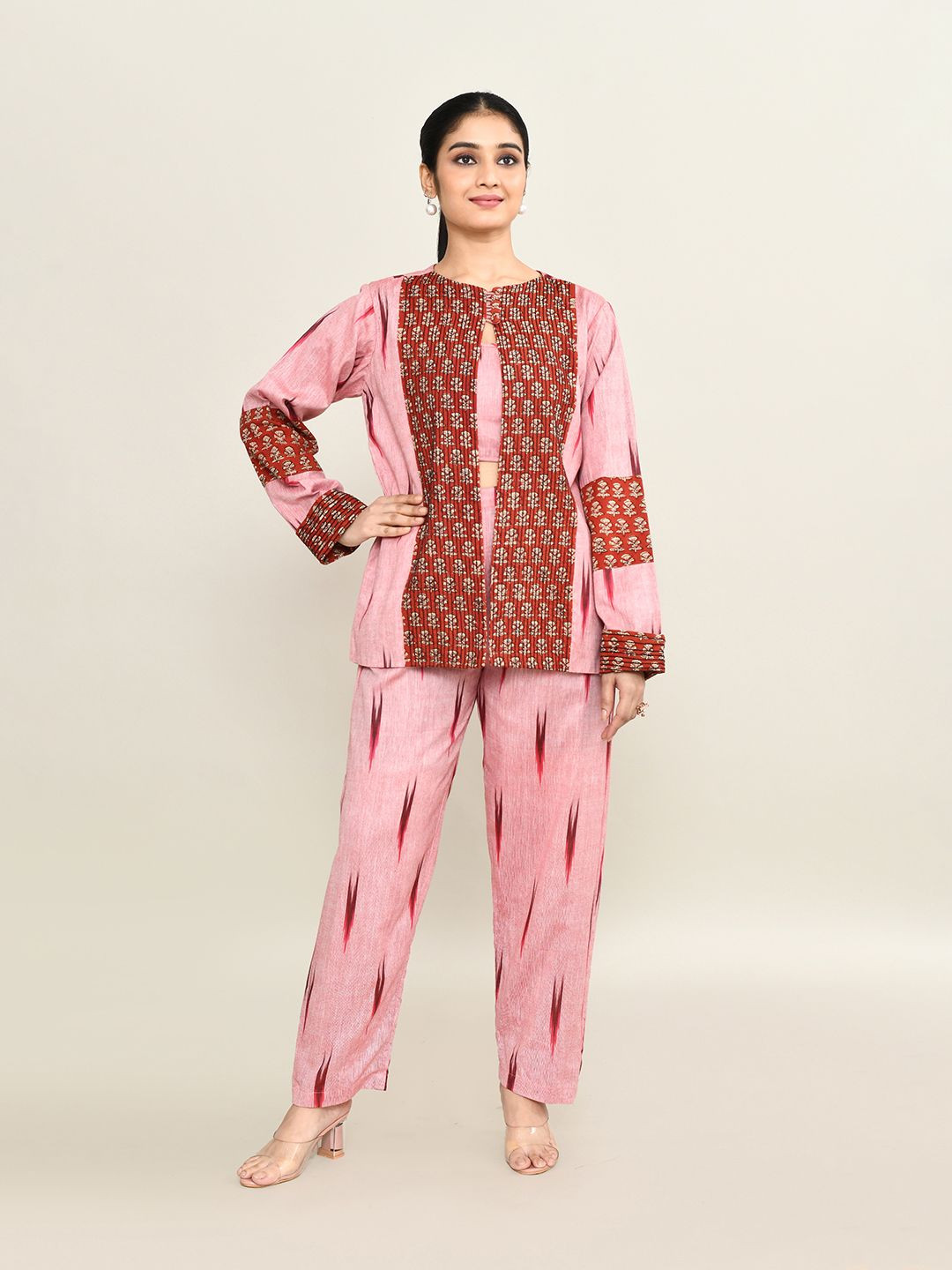 

The Maple Printed Pure Cotton Top & Trouser With Coat, Pink