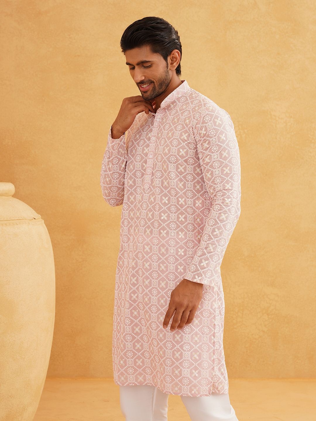 

SOJANYA Chikankari Embroidered Band Collar Pure Cotton Straight Long Kurta, Pink