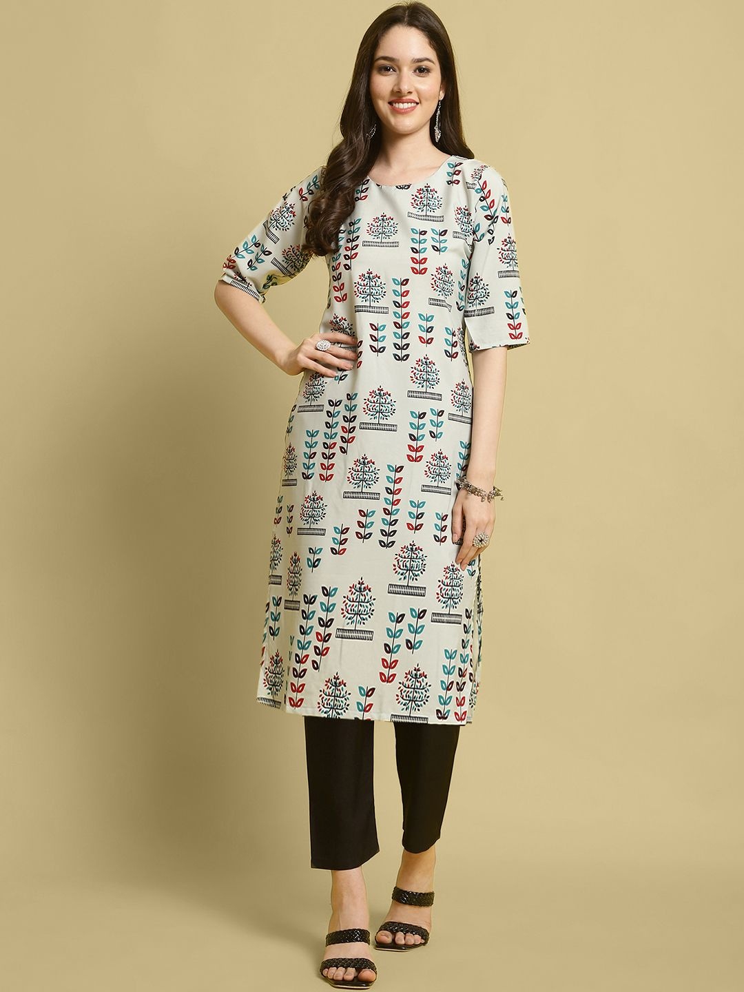 

7Threads Ethnic Motifs Printed Round Neck Straight Kurta With Trousers, Off white