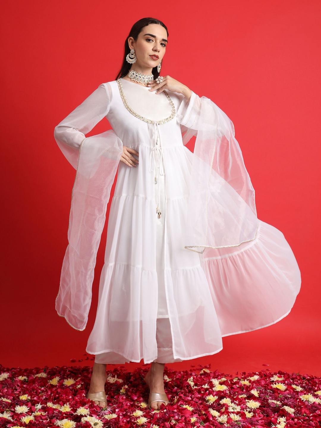 

Salvia Sky Satin with Layered Embellished Kurta with Pyjamas And Dupatta, White