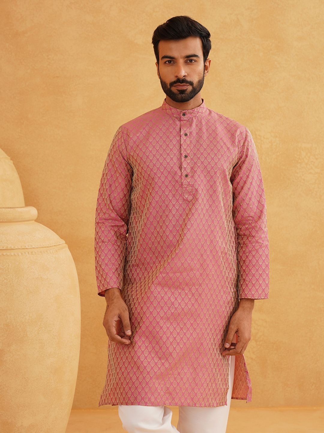

SOJANYA Ethnic Motifs Woven design Band Collar Straight Kurta With Churidar, Pink
