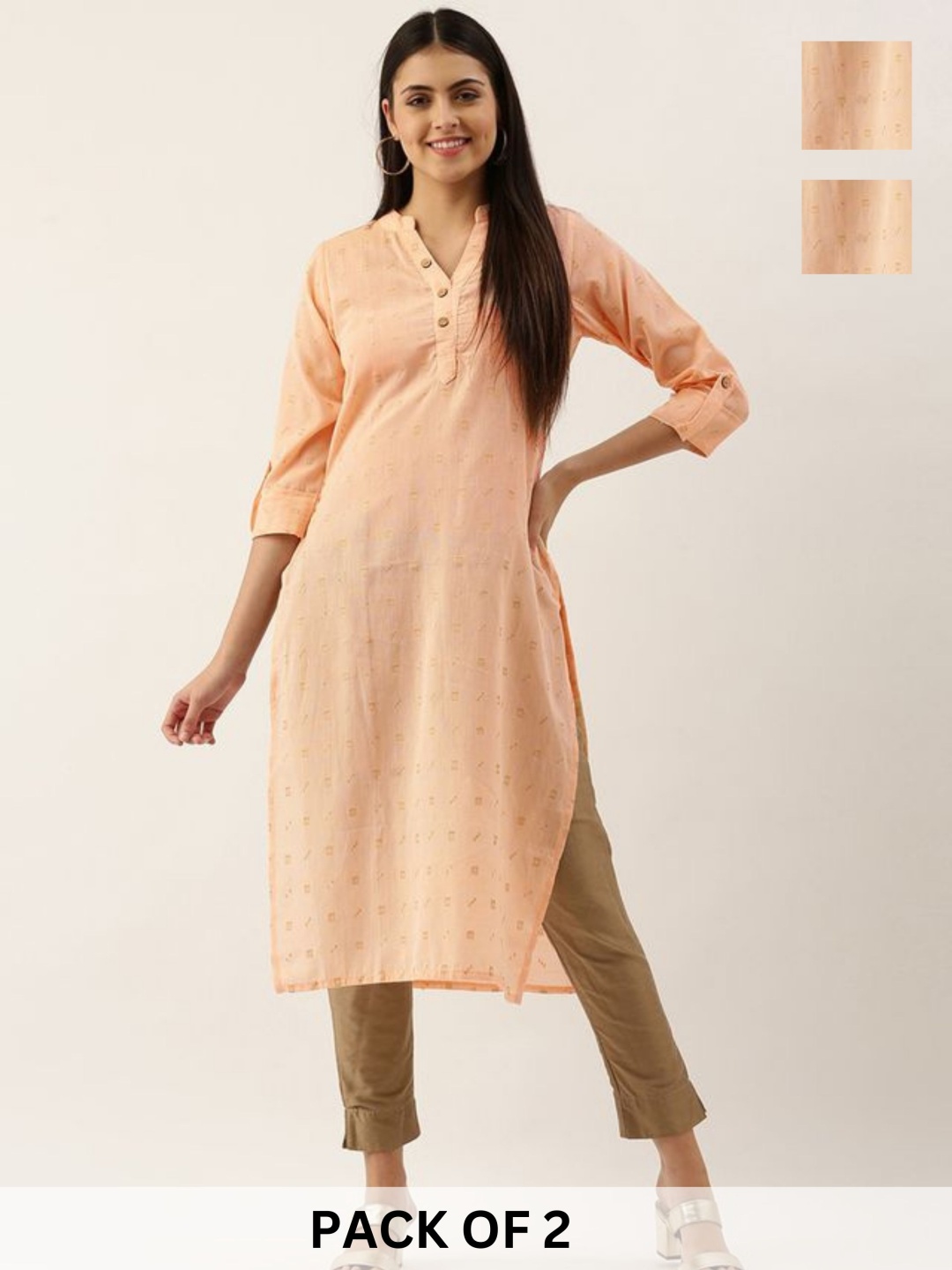 

KALINI Selection Of 2 Woven Design Mandarin Collar Straight Kurtas, Peach