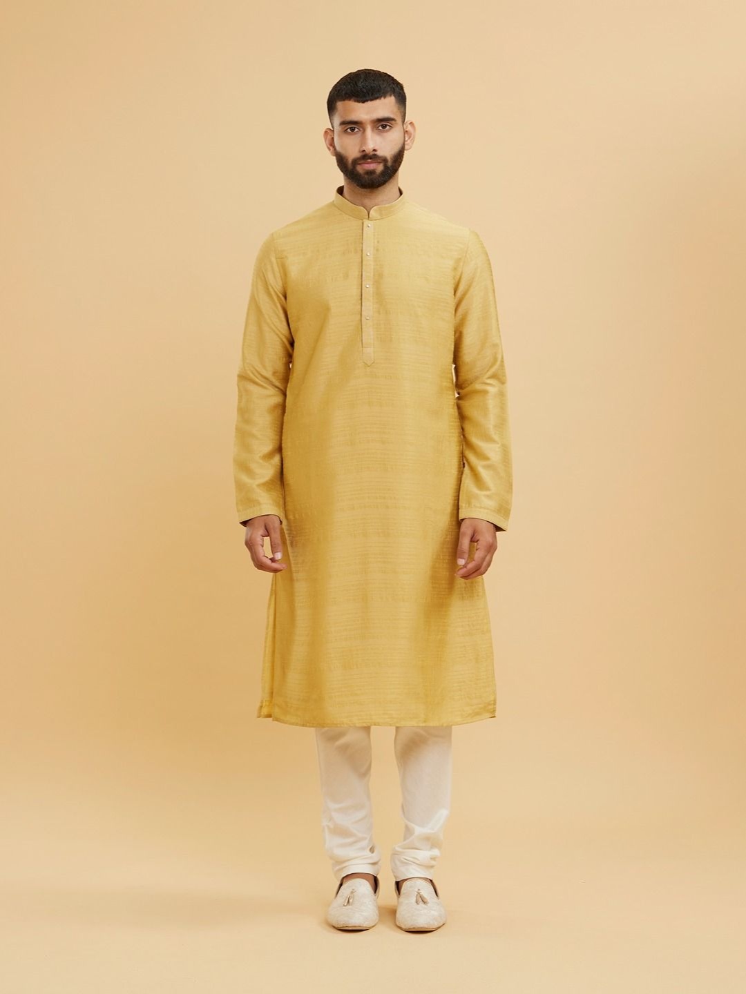 

Twamev Floral Embroidered Mandarin Collar Straight Kurta With Churidar & Nehru Jacket, Yellow