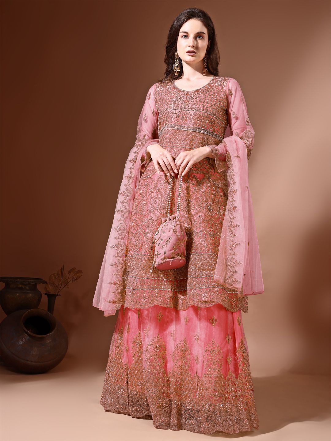 

Ahalyaa Floral Embroidered Beads and Stones Semi-Stitched Kurta With Lehanga & Dupatta, Pink