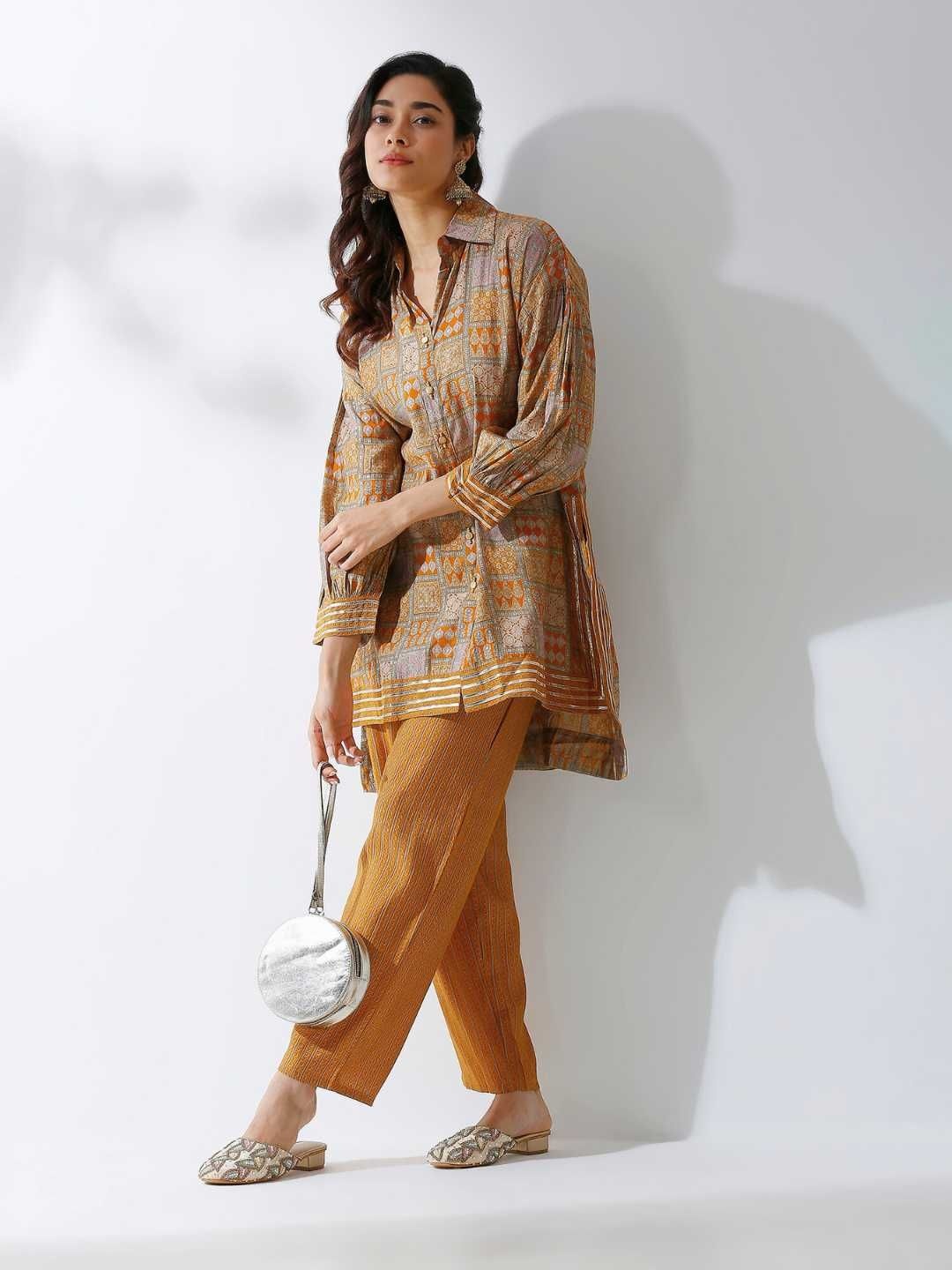 

Label Ishnya Printed Shirt Collar Long Sleeves Tunic With Trouser, Mustard