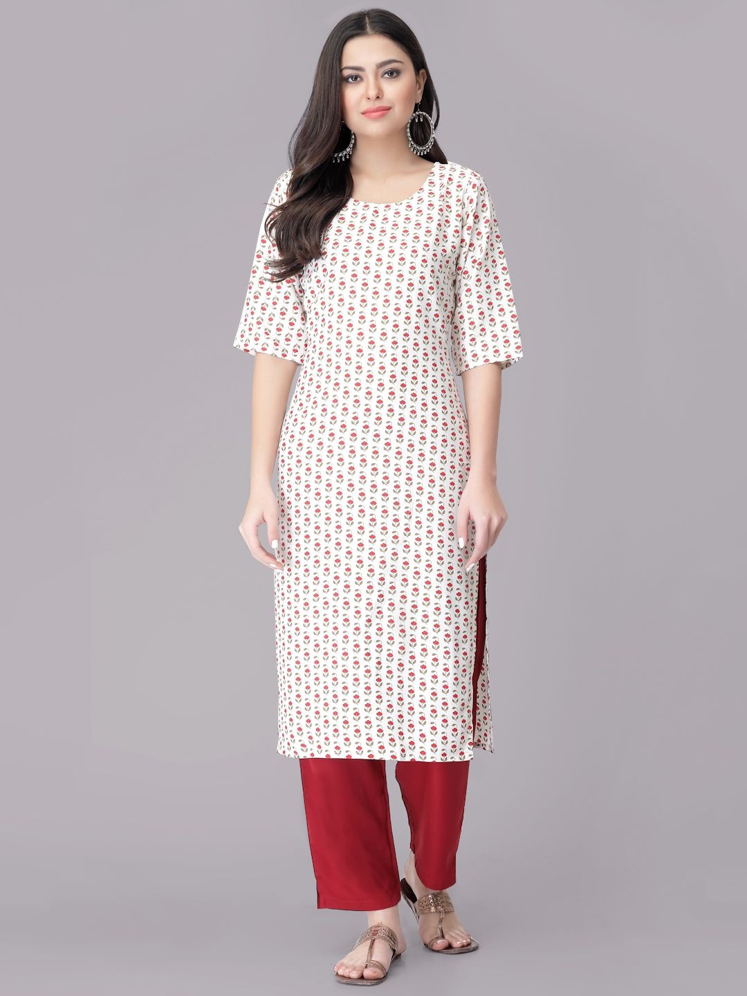 

7Threads Floral Printed Round Neck Straight Kurta With Trousers, White
