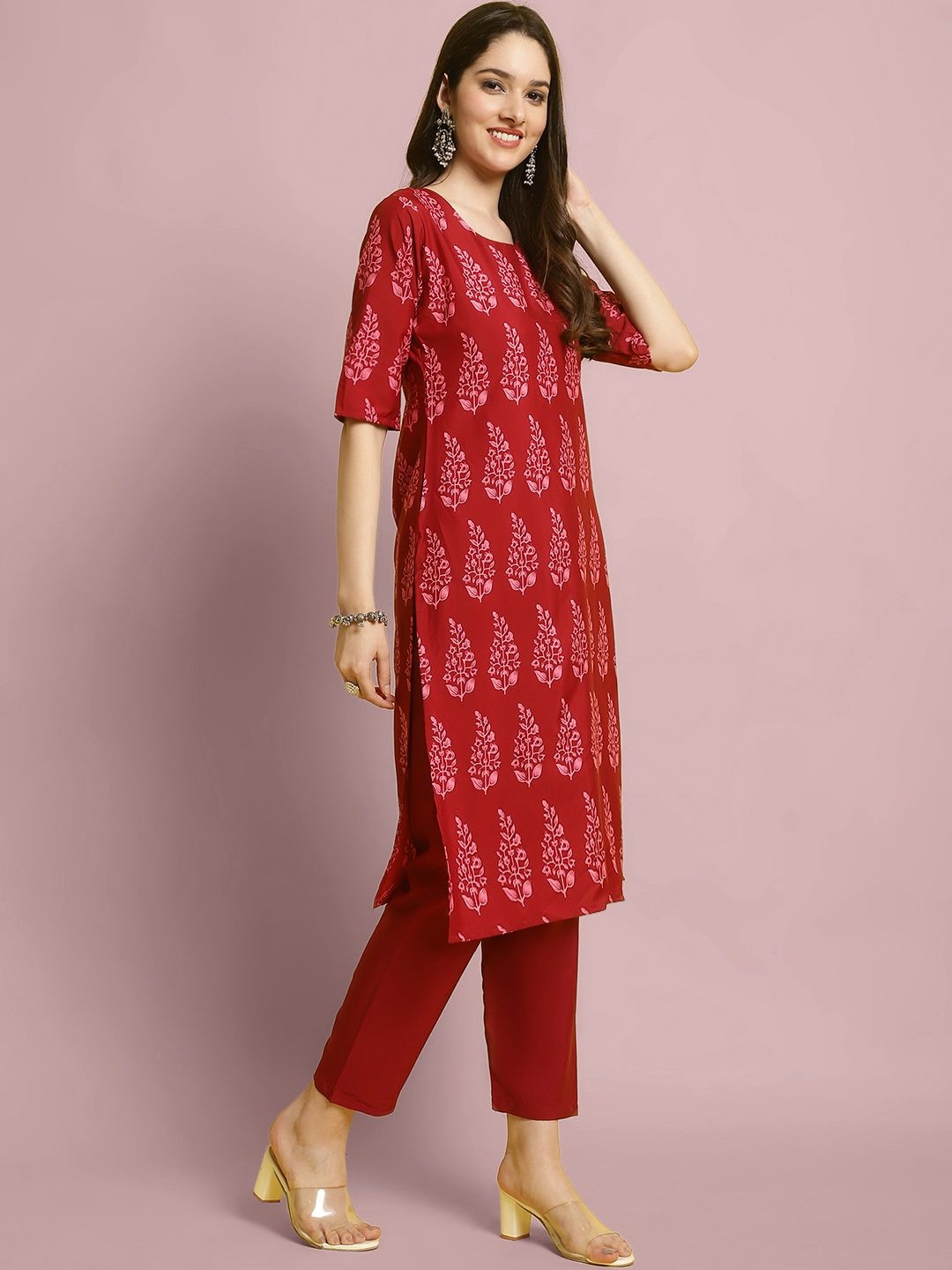 

7Threads Floral Printed Straight Kurta With Trouser, Pink