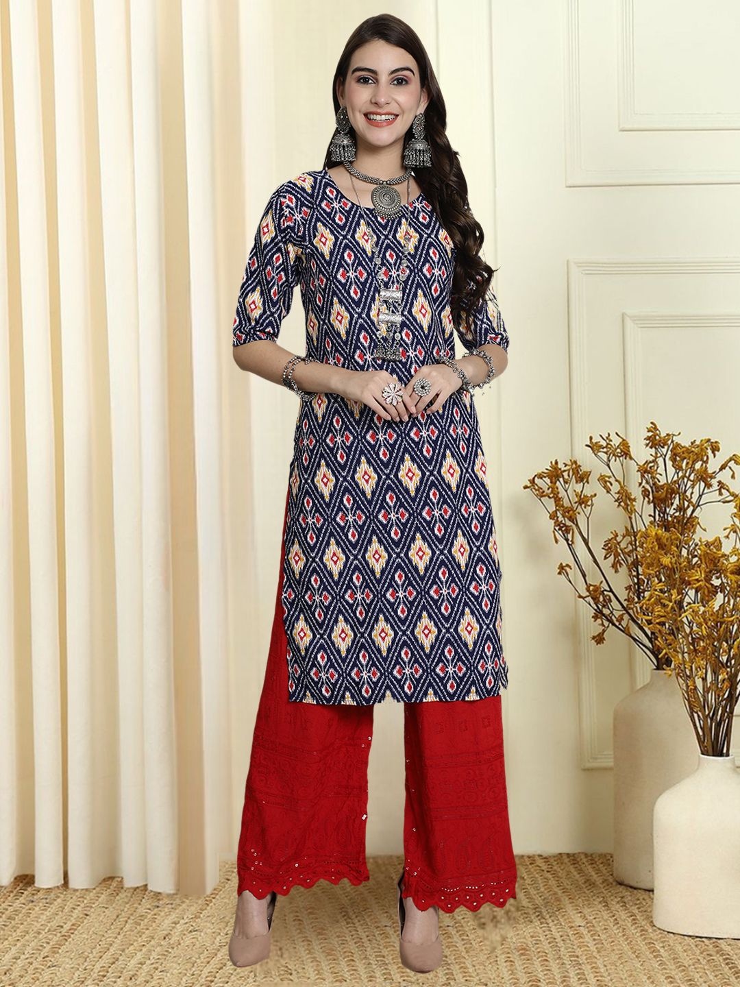 

7Threads Ethnic Motifs Printed Round Neck Straight Kurta, Blue