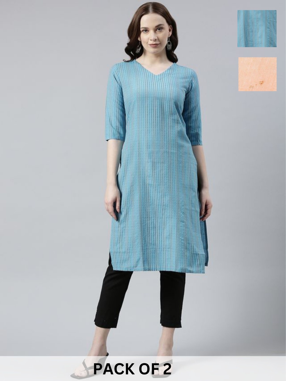

KALINI Selection Of 2 Striped Printed V-Neck Pure Cotton Straight Kurta, Blue