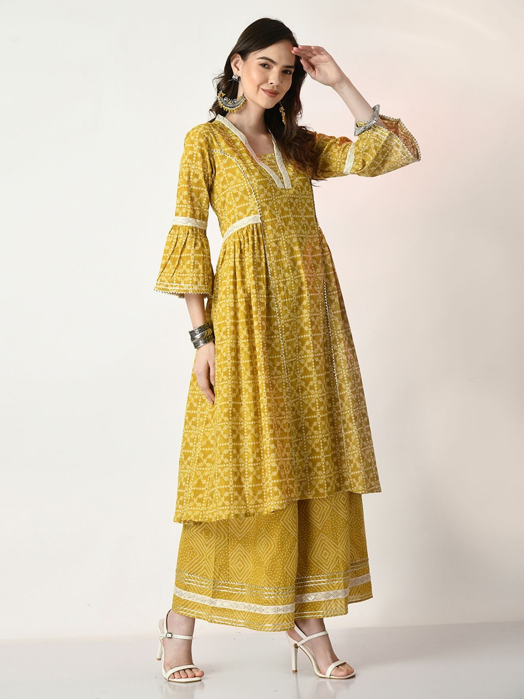 

SHOOLIN Ethnic Motifs Printed Gotta Patti Panelled Pure Cotton A-Line Kurta With Palazzo, Yellow